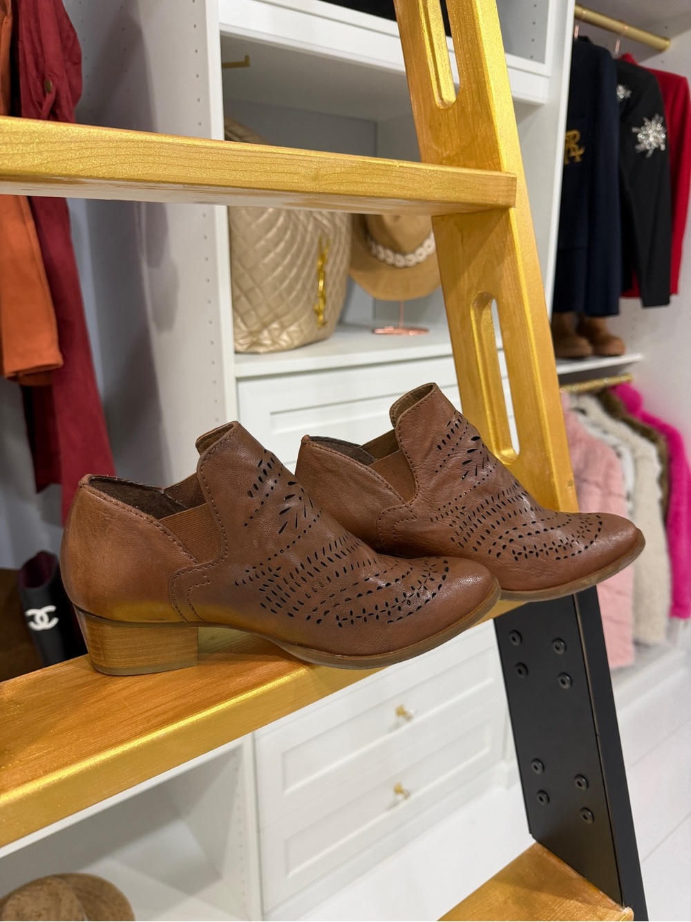 Women's Brown Perforated Leather Ankle Booties with Low Heel